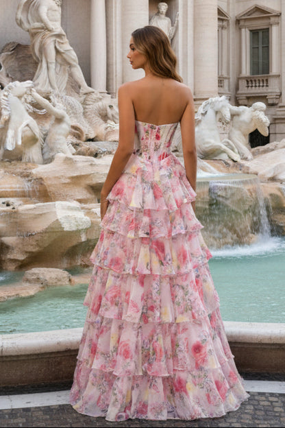 Fairytale Pink Floral Strapless Prom Dress with Corset Bodice and Ruffle Skirt