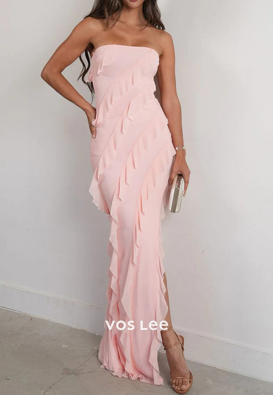 Gorgeous & Charming Strapless Floor-Length Sheath Prom Dresses with Side Split