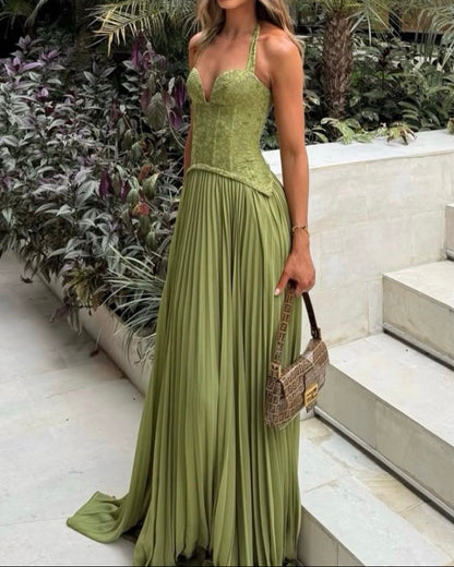 Lace Corset Pleated Maxi Dress