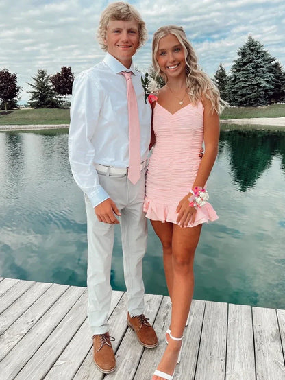 Flattering Bodycon Spaghetti Straps Pink Short Homecoming Dress with Ruched