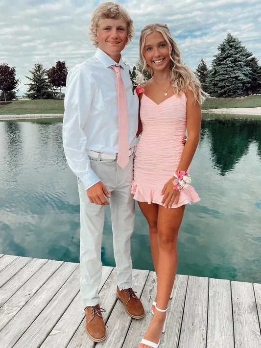 Flattering Bodycon Spaghetti Straps Pink Short Homecoming Dress with Ruched