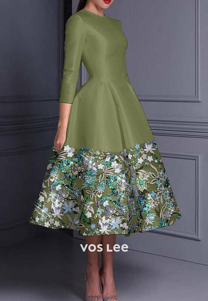 Couture & Ornate  A-Line Scoop 3/4 Sleeve Appliques Pleated Evening Dresses