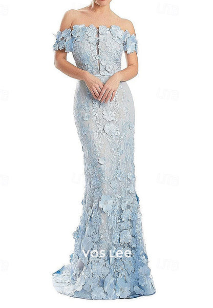 Off the Shoulder Lace Appliques Mermaid Evening Dresses with Sweep Train