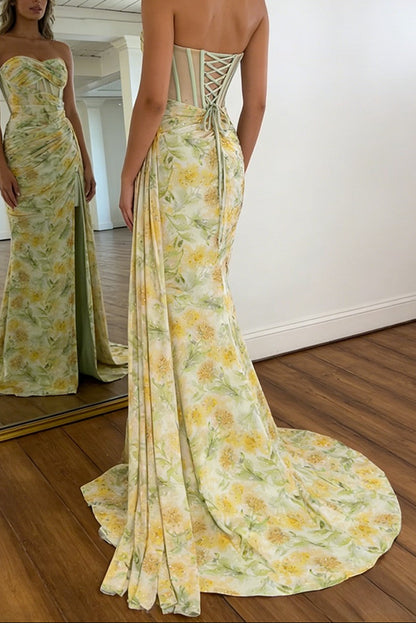 Floral Print Glitter Sweetheart Lace Up Prom Dress with Corset Bodice and High Slit