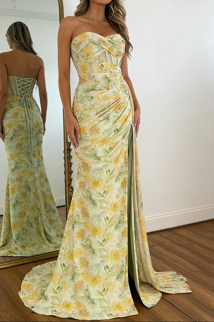 Floral Print Glitter Sweetheart Lace Up Prom Dress with Corset Bodice and High Slit