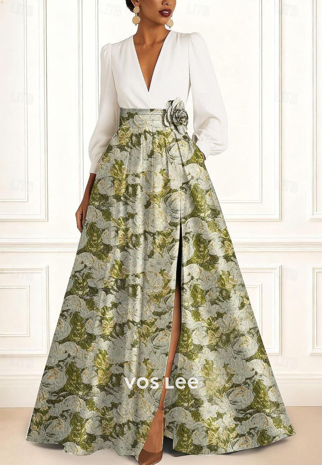 V-Neck Long-Sleeves A Line Evening Dress Mother Dress