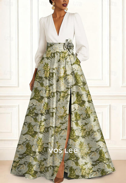 V-Neck Long-Sleeves A Line Evening Dress Mother Dress