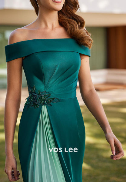 Off the Shoulder Flowers Pleated Split Sheath Mother of Bride Dresses with Sweep Train