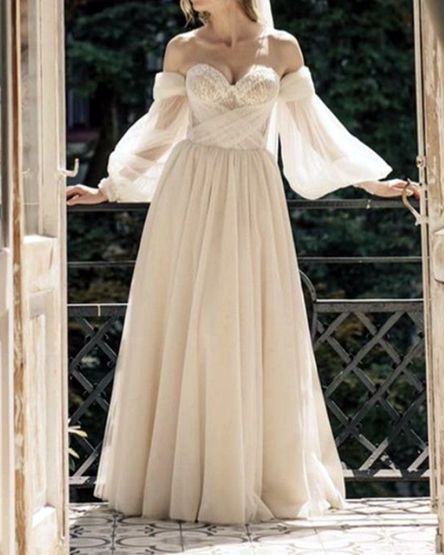 Tulle Boho Country Wedding Dress With Sleeves