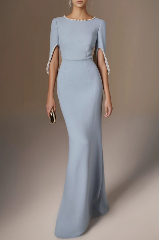 Light Blue Cape Sleeve Maxi Dress | Elegant Sheath Evening Gown