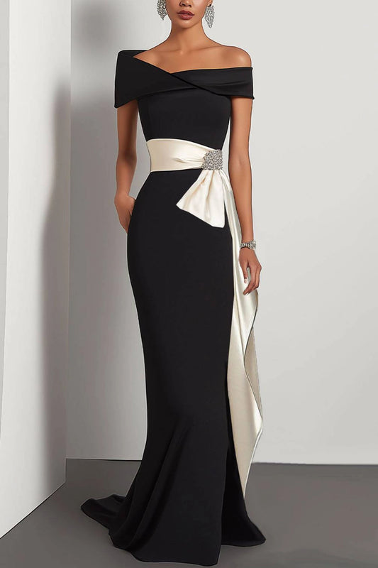 Black and White Off Shoulder Mermaid Dress | Elegant Color Block Evening Gown