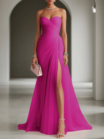 Pink Ruched Slit Tulle Strapless Sleeveless Sheath Gown Dress