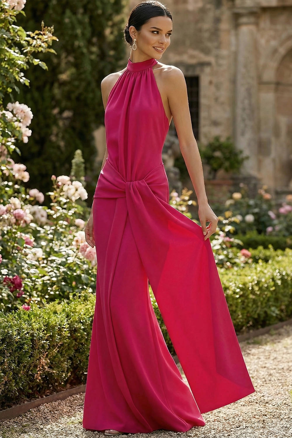 Fuchsia Halter Neck Maxi Dress | Elegant A-Line Evening Gown with Slit