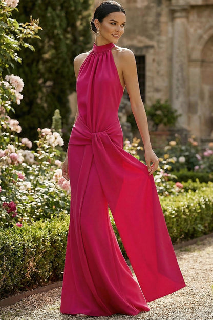 Fuchsia Halter Neck Maxi Dress | Elegant A-Line Evening Gown with Slit