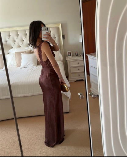 Luxury Chocolate Satin Mermaid Dress – Lace Bodice Formal Gown