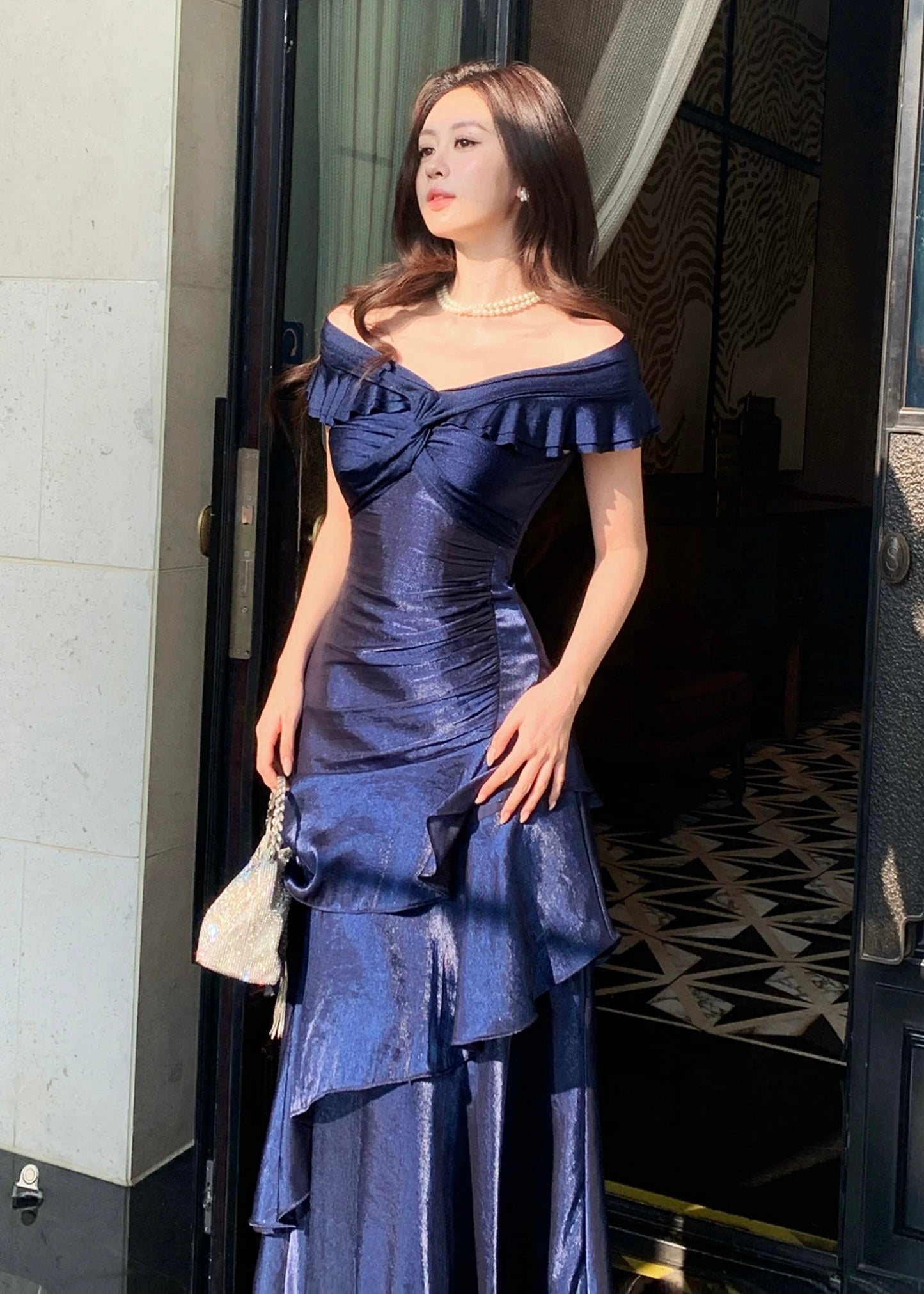 Luxury Navy Blue Ruffled Mermaid Dress – Perfect for Wedding & Gala