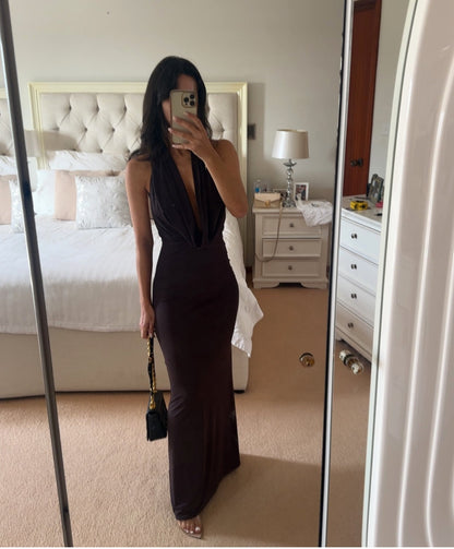 Minimalist Mocha Brown Maxi Dress – Perfect for Wedding Guest & Cocktail Events