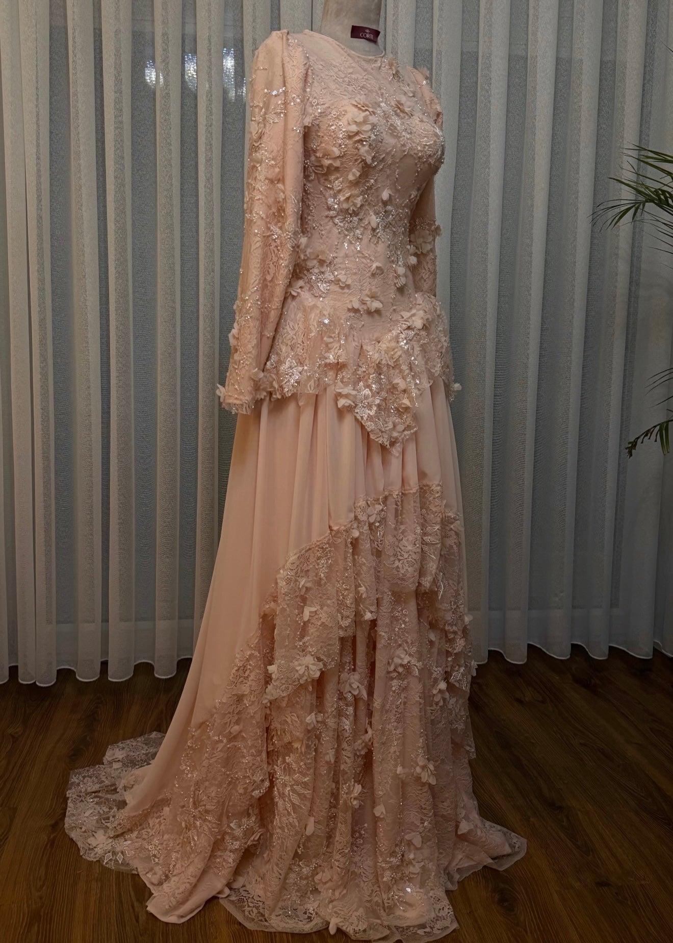 Off Shoulder Blue Floral Applique Prom Dress Long Sleeve A-Line Evening Gown