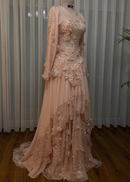 Off Shoulder Blue Floral Applique Prom Dress Long Sleeve A-Line Evening Gown