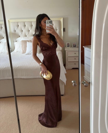 Luxury Chocolate Satin Mermaid Dress – Lace Bodice Formal Gown