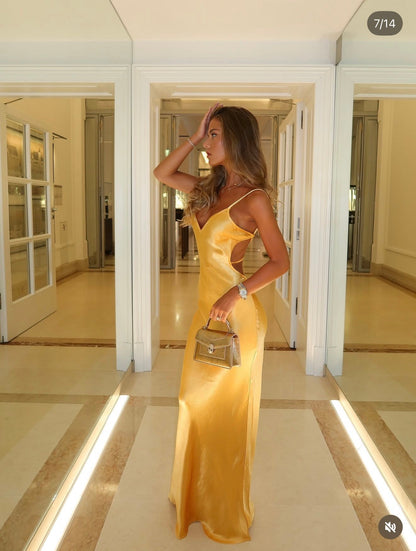 Sexy V-Neck Satin Gown – Floor-Length Backless Prom Dress