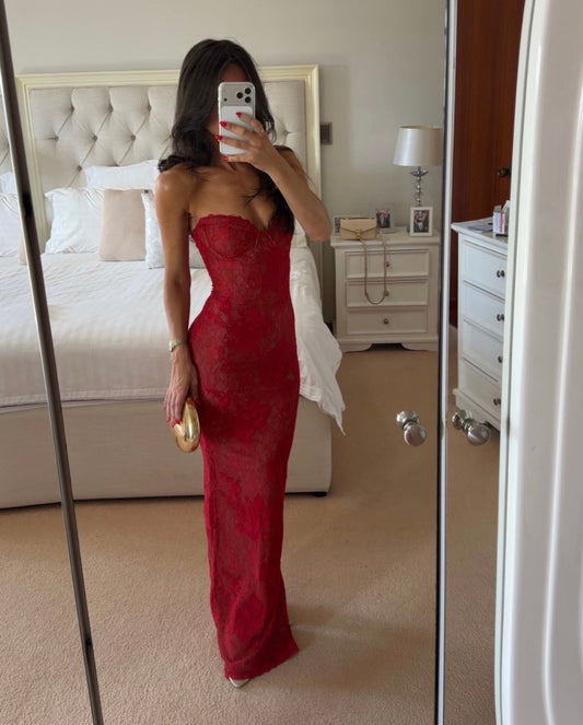 Sexy Strapless Lace Maxi Dress – Floor-Length Red Corset Prom Gown