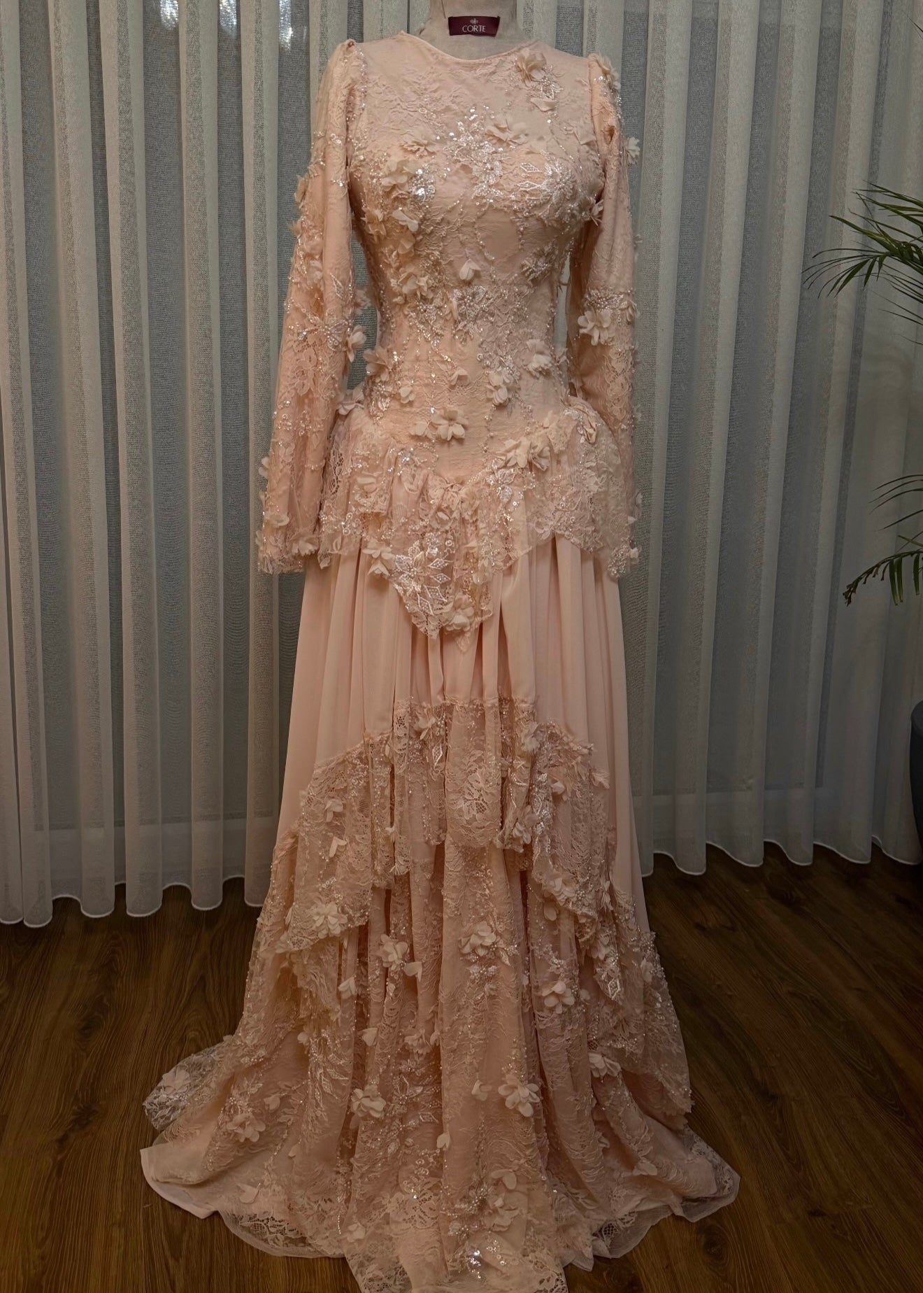 Off Shoulder Blue Floral Applique Prom Dress Long Sleeve A-Line Evening Gown