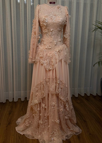 Off Shoulder Blue Floral Applique Prom Dress Long Sleeve A-Line Evening Gown