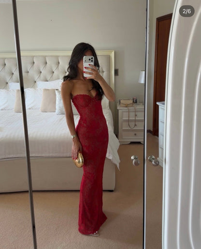 Sexy Strapless Lace Maxi Dress – Floor-Length Red Corset Prom Gown