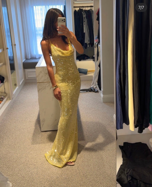 Sunshine Yellow Sequin Mermaid Gown – Disco Glamour for Night Events
