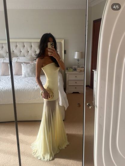 Sexy Strapless Mermaid Gown – Floor-Length Yellow Chiffon Prom Dress