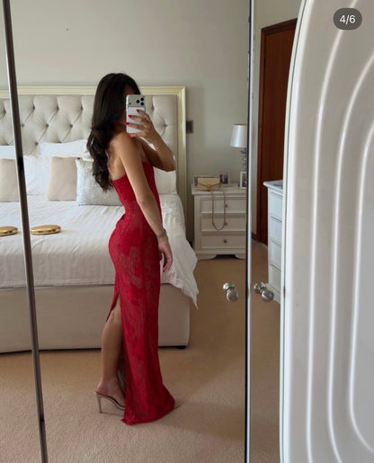 Sexy Strapless Lace Maxi Dress – Floor-Length Red Corset Prom Gown