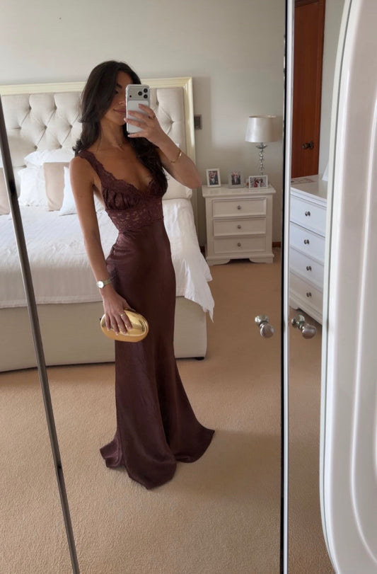 Luxury Chocolate Satin Mermaid Dress – Lace Bodice Formal Gown