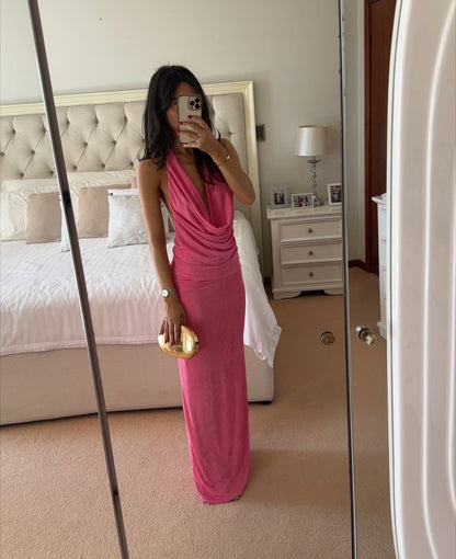 Sexy Cowl Neck Maxi Dress Floor-Length Draped Hot Pink Prom Gown