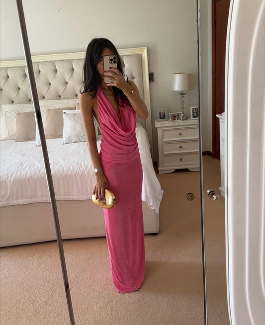 Sexy Cowl Neck Maxi Dress Floor-Length Draped Hot Pink Prom Gown