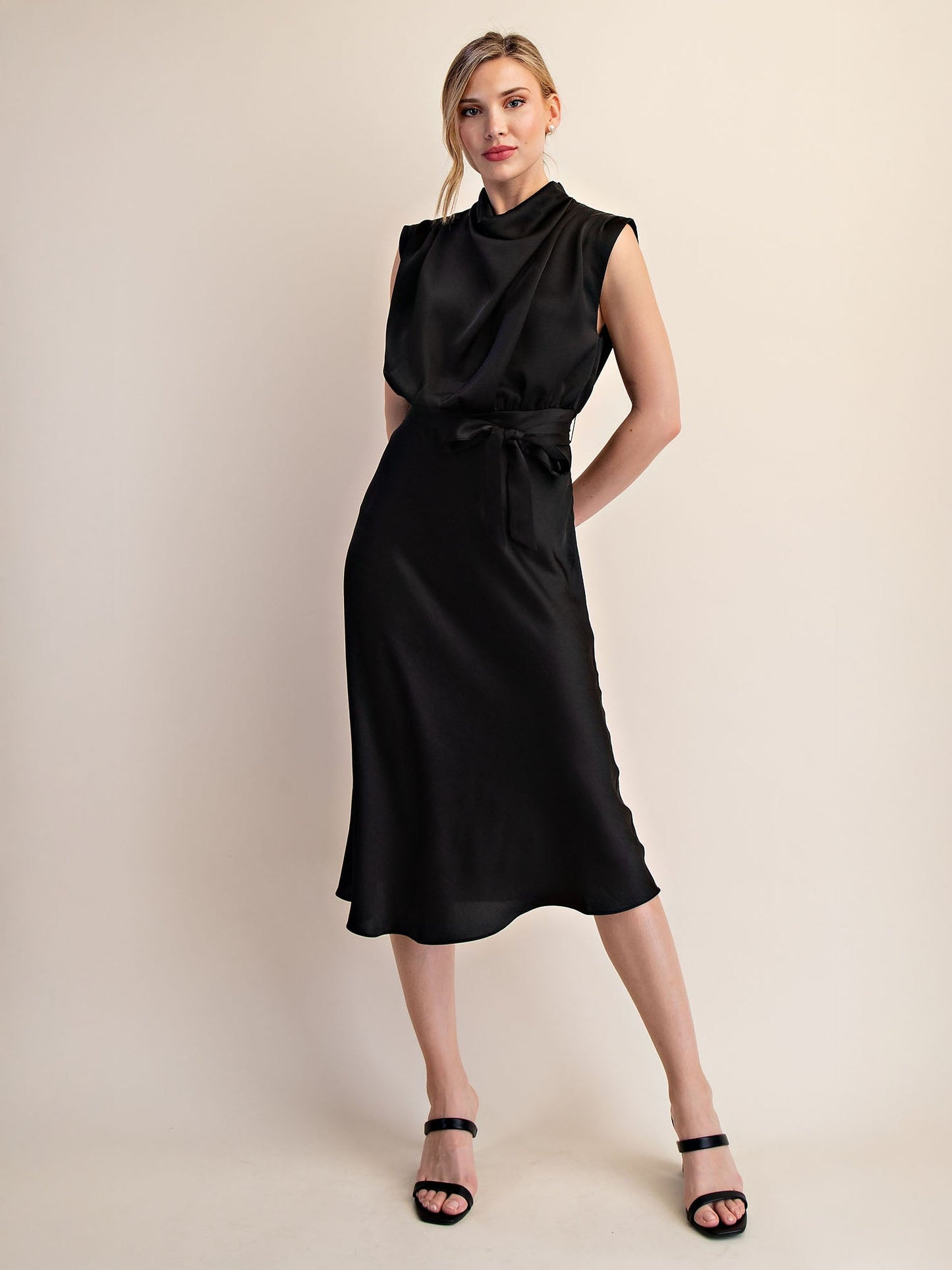 Cowl Neck Satin Midi Shift Dress