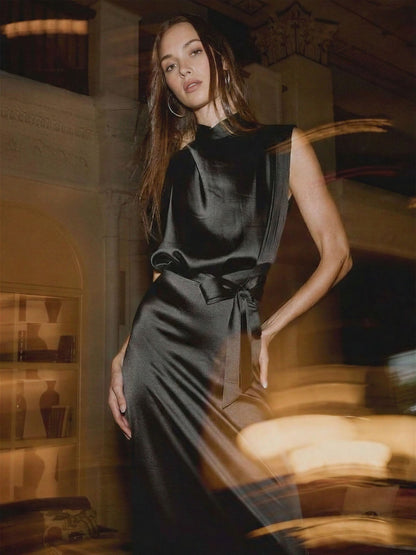 Cowl Neck Satin Midi Shift Dress