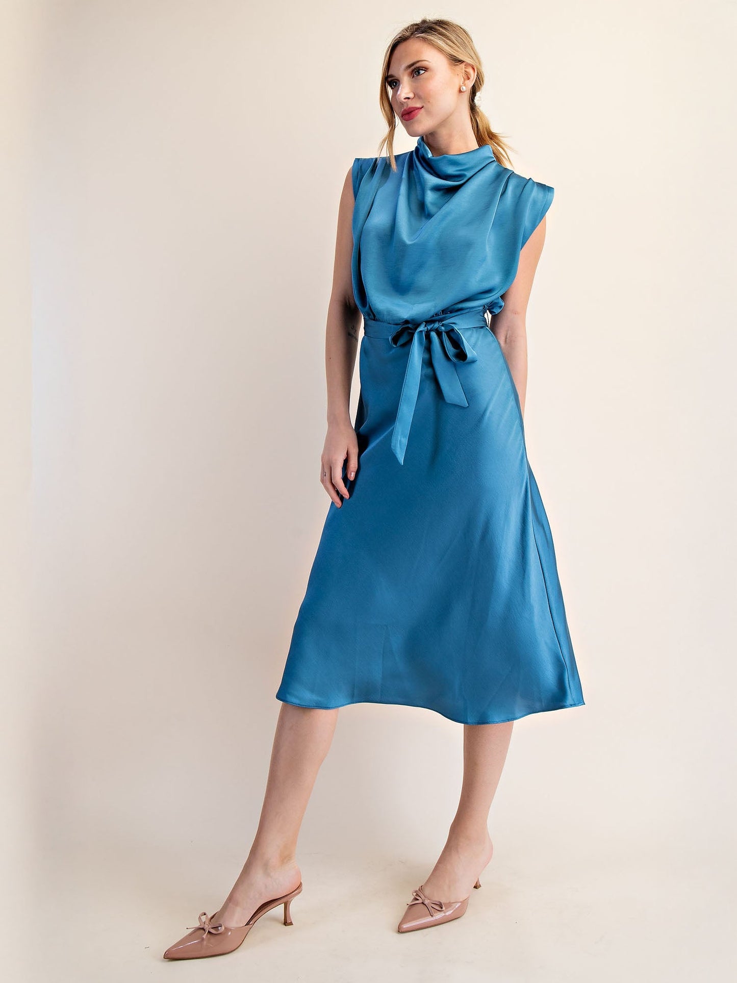 Cowl Neck Satin Midi Shift Dress