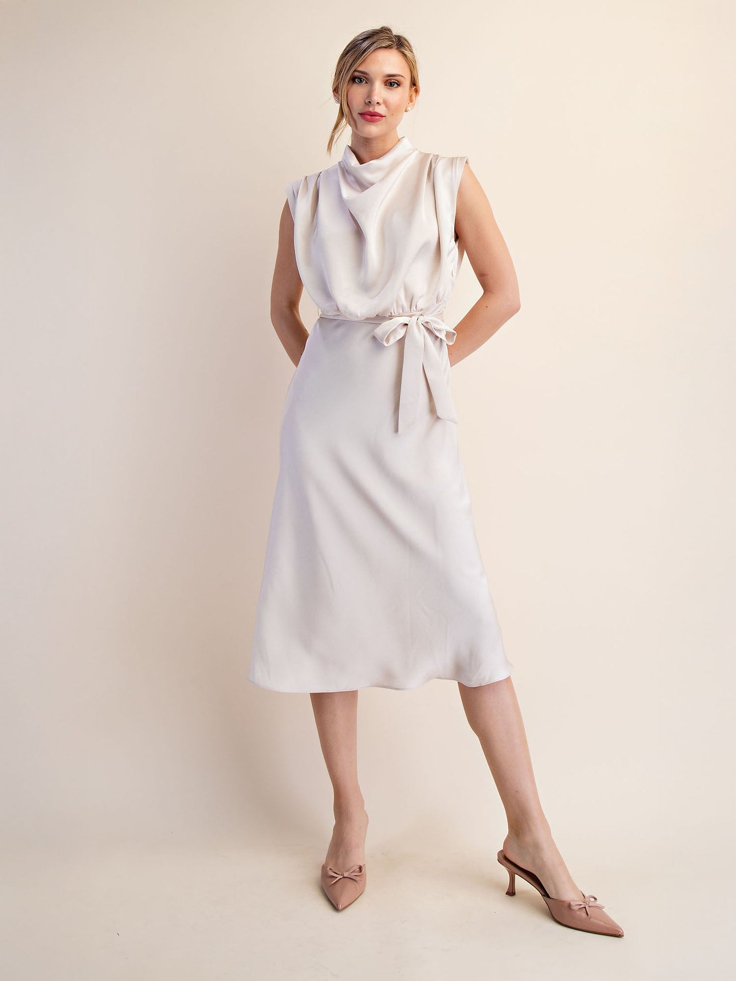 Cowl Neck Satin Midi Shift Dress