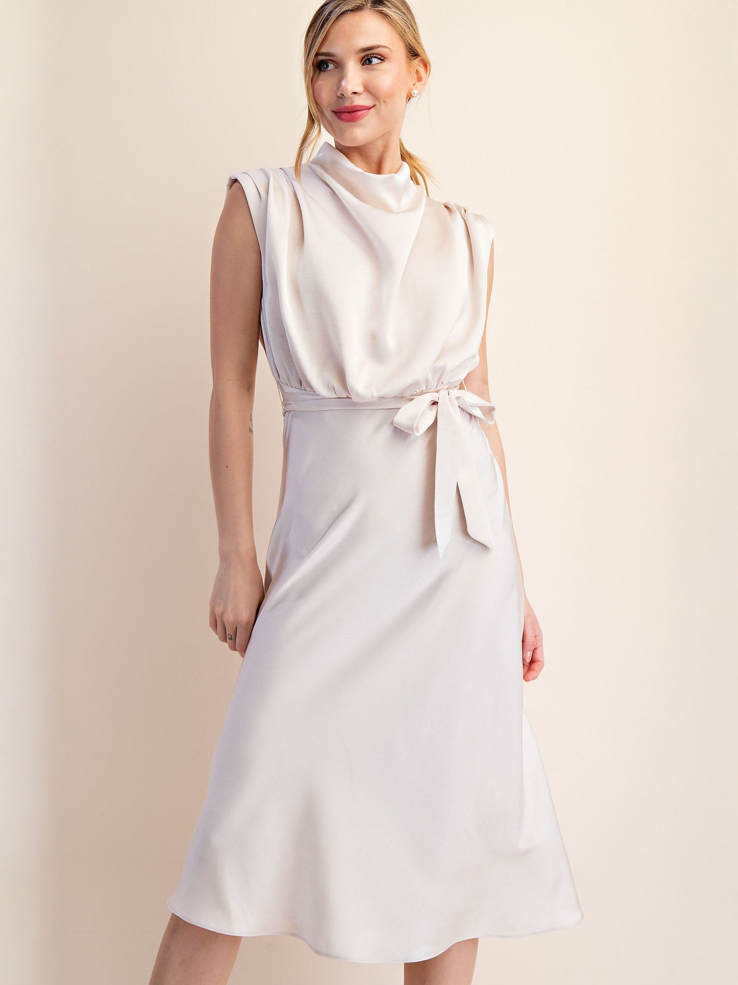 Cowl Neck Satin Midi Shift Dress