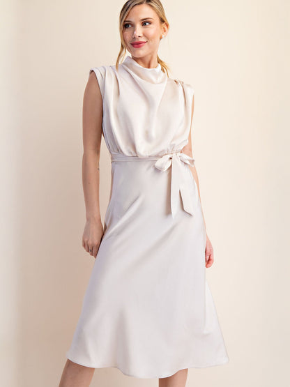 Cowl Neck Satin Midi Shift Dress