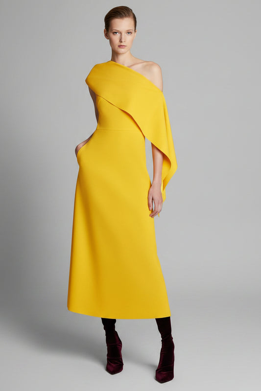 One Shoulder Scalloped V-Neck Midi Dress