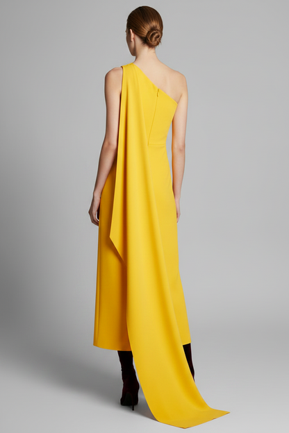 One Shoulder Scalloped V-Neck Midi Dress