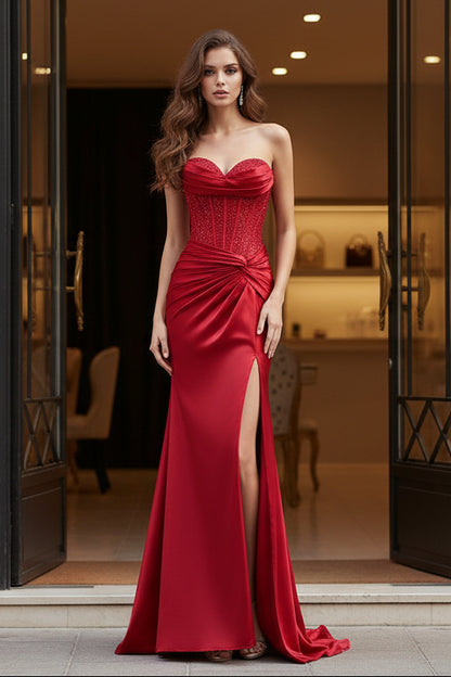 Glamorous Red Strapless Beaded Corset Satin Prom Dress with Slit