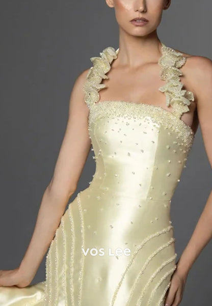 Glamorous Satin Halter Pleated Beaded Sleeveless Mermaid Prom Dress