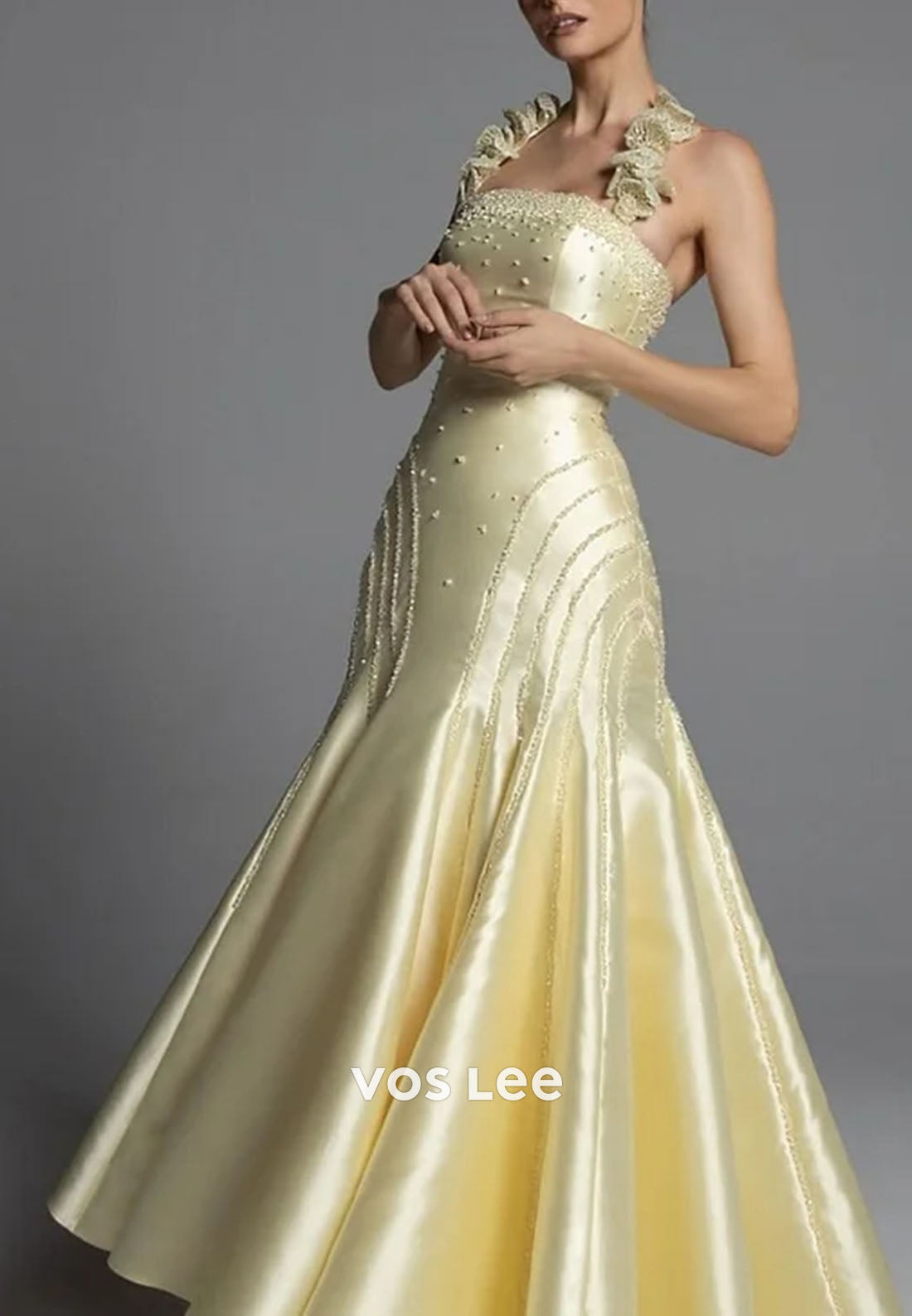 Glamorous Satin Halter Pleated Beaded Sleeveless Mermaid Prom Dress