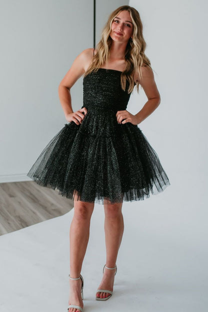 Glitter Black A-Line Spaghetti Straps Lace Up Short Tulle Homecoming Dress