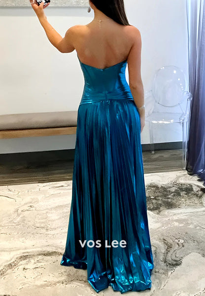 Elegant & Luxurious A-Line Sweetheart Strapless Pleated Prom Dresses with High Split