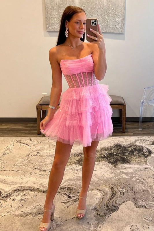 Glitter Pink A-Line Strapless Short Tiered Tulle Homecoming Dress