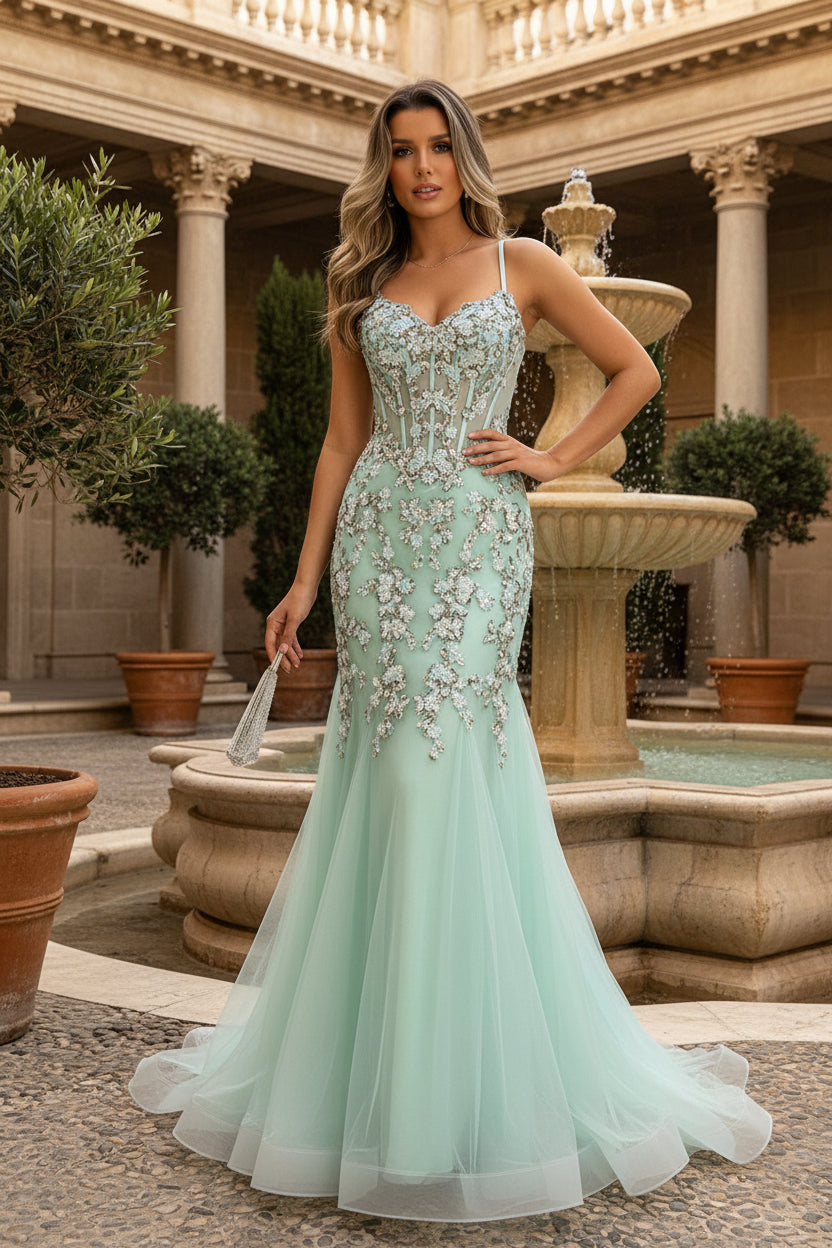 Glitter Sequin Mint Green Spaghetti Straps Corset Prom Dress with Tulle Skirt